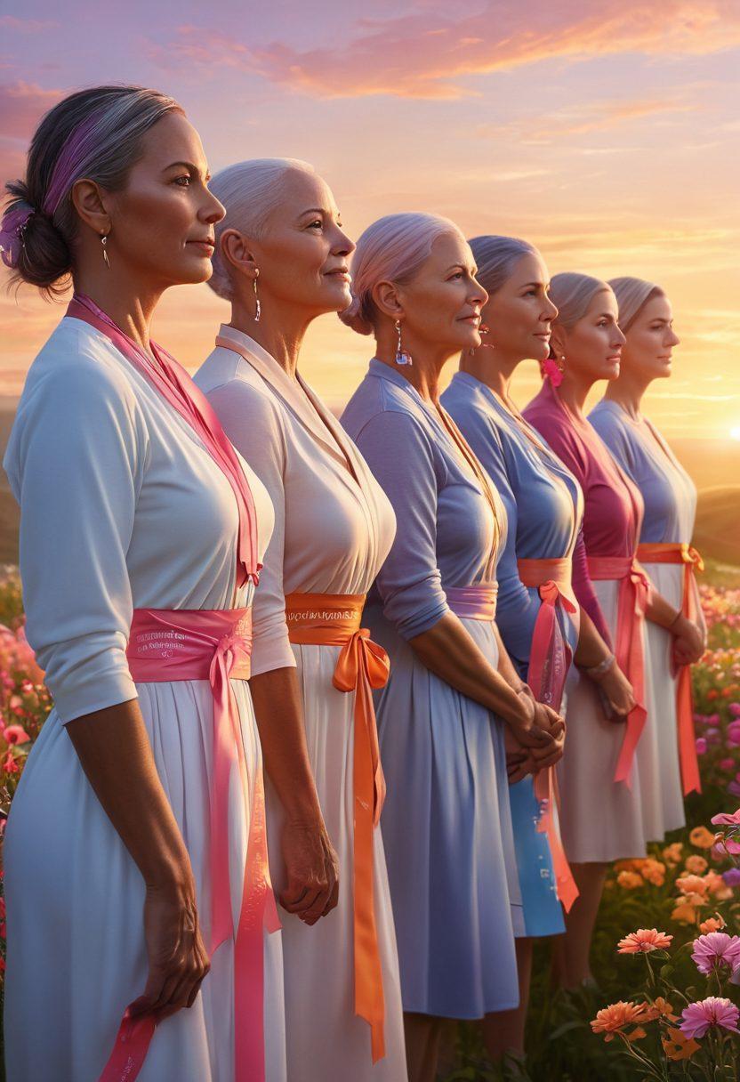 A serene landscape depicting a diverse group of cancer survivors standing together, radiating hope and strength. Incorporate vibrant ribbons symbolizing different cancer types flowing in the breeze, alongside blooming flowers representing resilience. In the background, a soft sunrise symbolizes new beginnings, with uplifting quotes artfully integrated into the scene. super-realistic. vibrant colors. warm light.