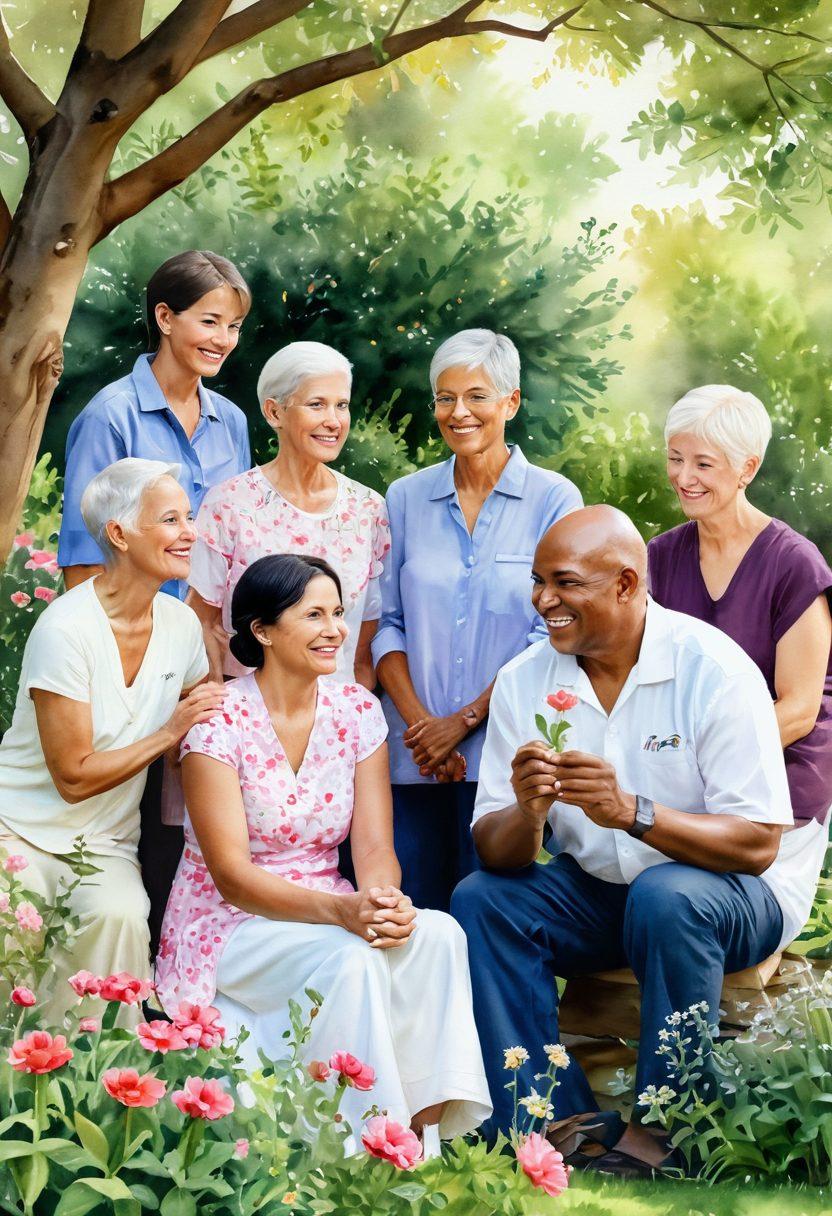 A serene setting depicting a diverse group of individuals gathered in a tranquil garden, sharing stories and support amidst blooming flowers. Capture their expressions of hope and empathy, with one person holding a cancer survivor ribbon. Soft sunlight filtering through the trees creates a warm, inviting ambiance. watercolor style. vibrant colors. natural background.