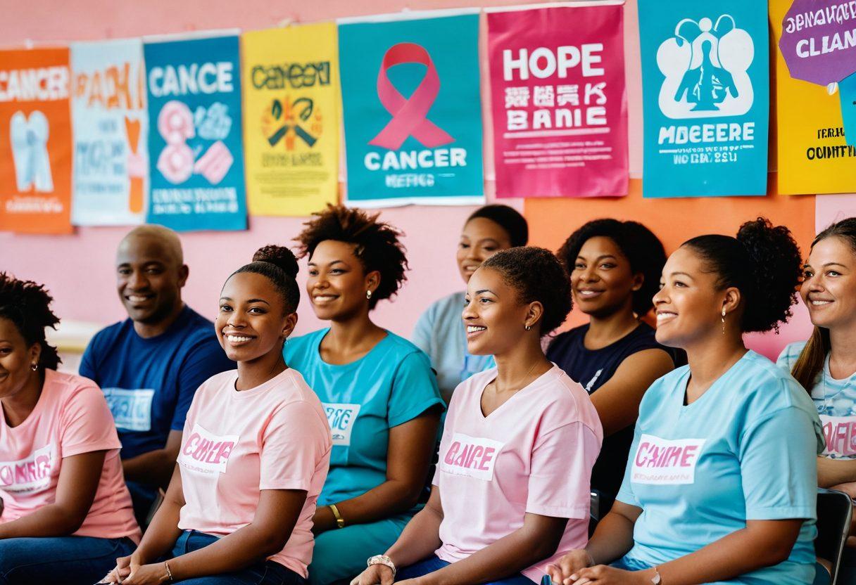 A diverse group of people engaged in a community meeting, sharing information on cancer awareness, with posters of various cancers in the background, showcasing hope and solidarity. Include symbols of advocacy, such as ribbons and support banners, and a warm, inviting atmosphere. Bright, uplifting colors to convey positivity and empowerment. super-realistic. vibrant colors. community setting.
